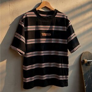 Vans Embroidered Logo Striped Tee | Loose Fit Skater Streetwear | Small